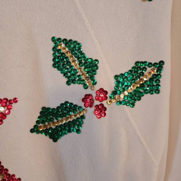 Vintage Hanes Christmas Sweatshirt Sequin Poinsettia & Holly Handmade Large - Picture 7 of 8